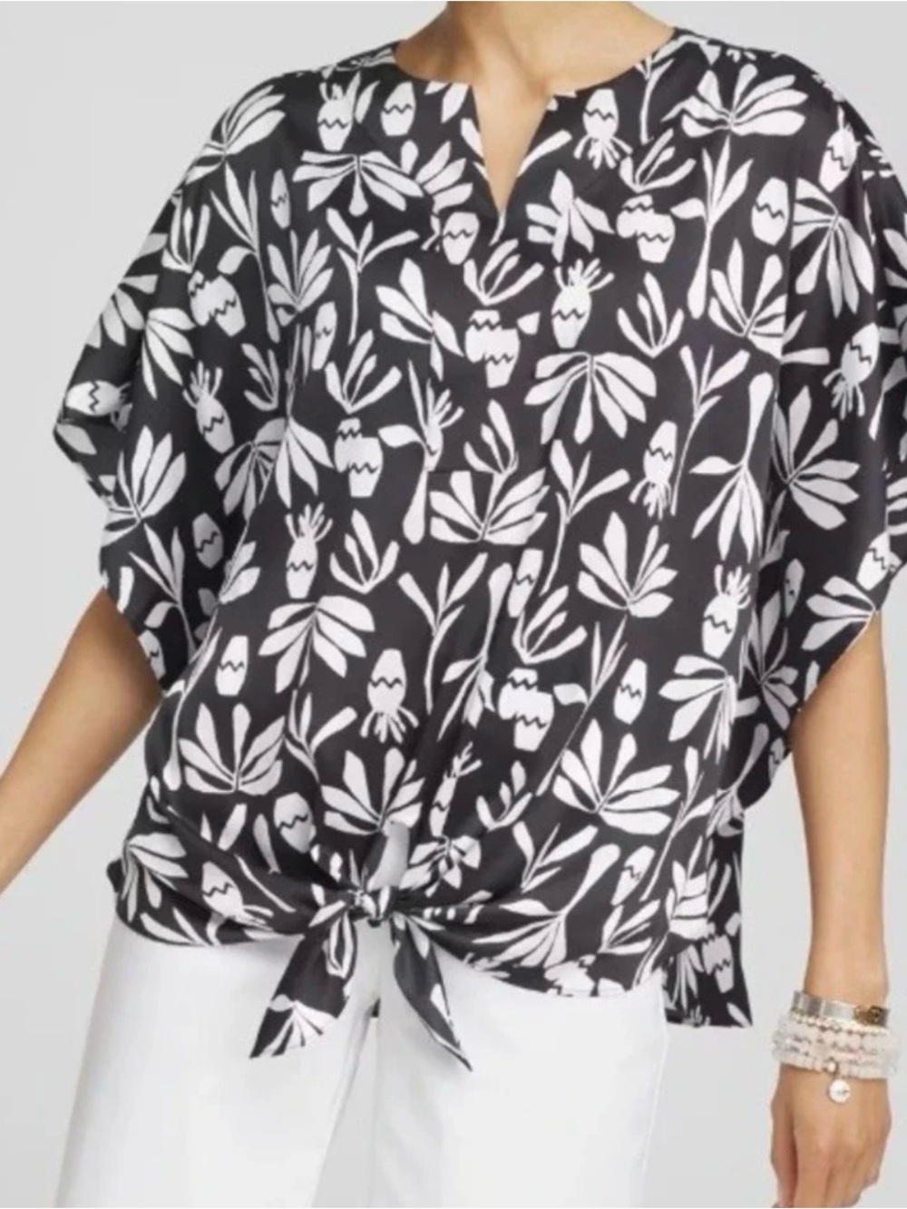 Chico's Black & White Floral Tie-Front Blouse